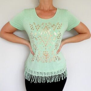 Dept 222 mint green metallic gold abstract print tassel trim top petite medium